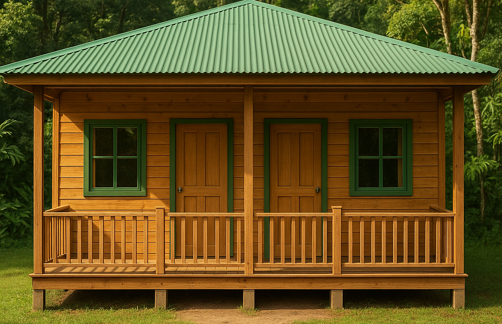 ChatGPT Image 1. Mai 2025, 16_22_46 Wooden house with a green tin roof and a front porch